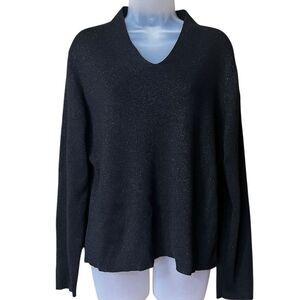Studio Works Black Metallic Pullover V Neck Sweater Sz L Classy Long Sleeves